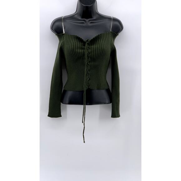 CHOCOLATE USA Women's Green Ribbed Long Sleeve Off-The-Shoulder Lace-Up Top SZML - Picture 1 of 9
